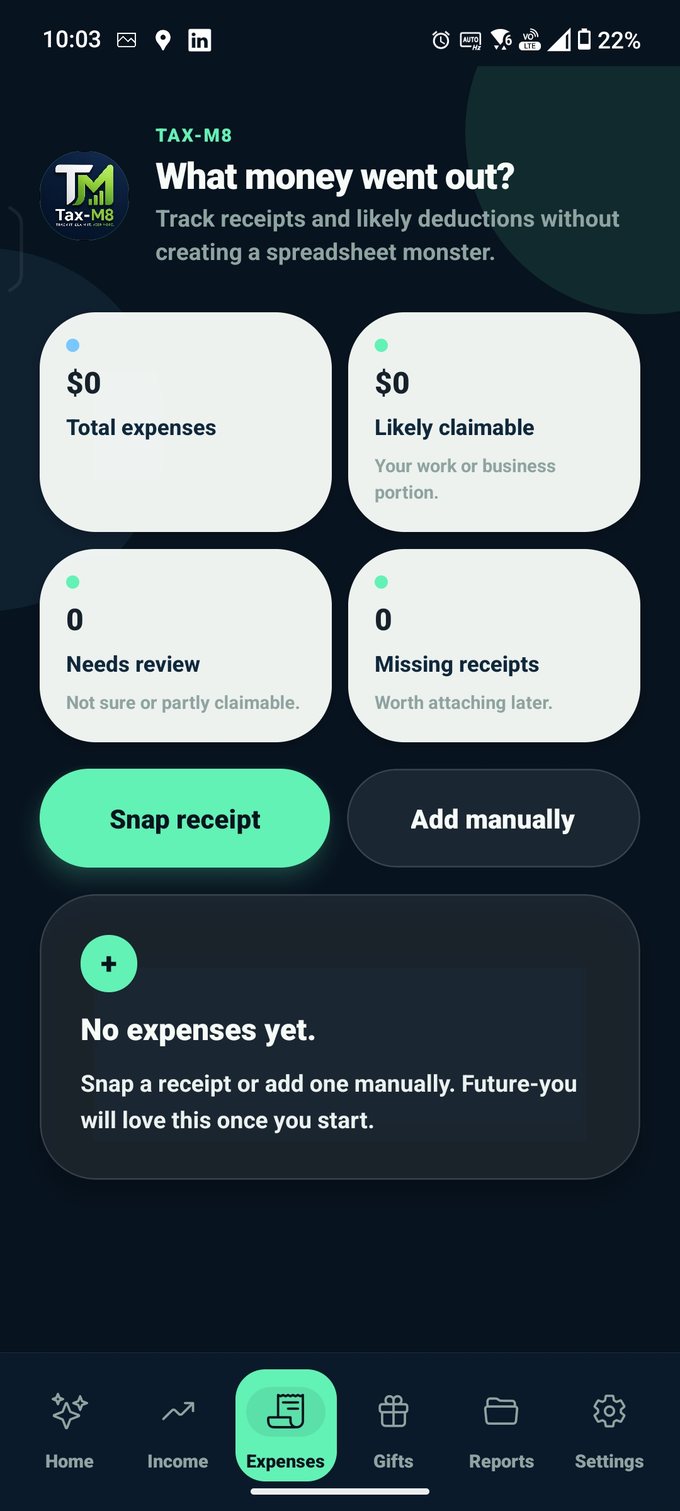 Tax-M8 expenses screen with snap receipt