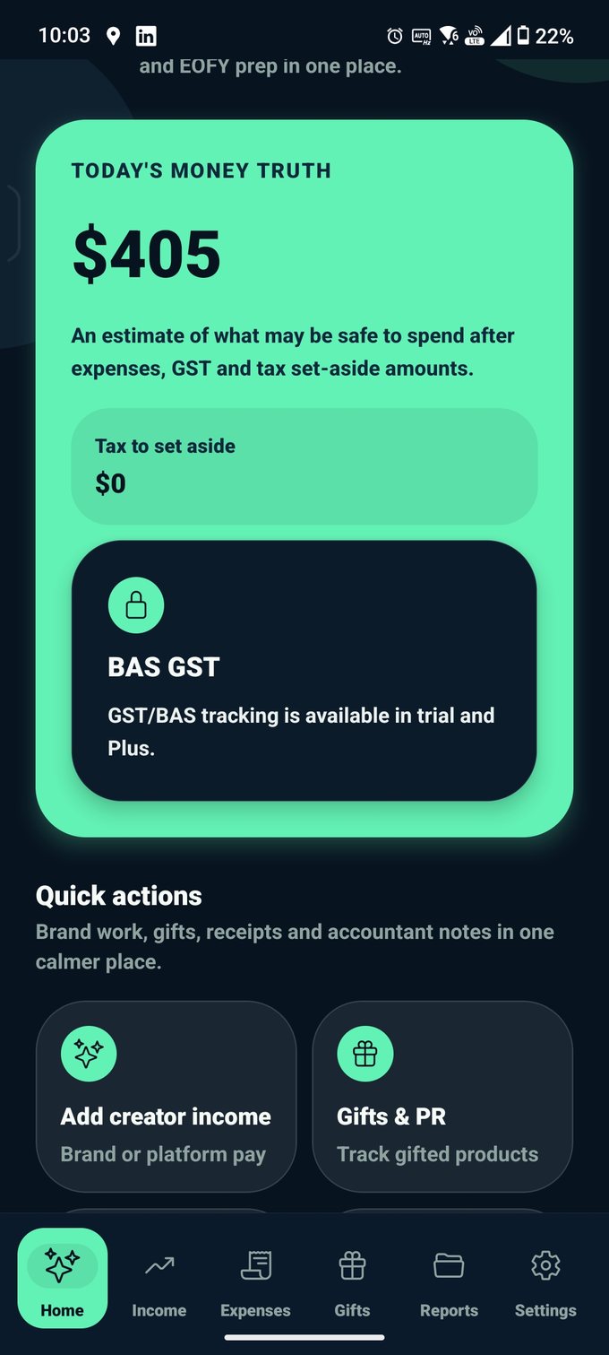 Tax-M8 home screen showing today's safe-to-spend money truth